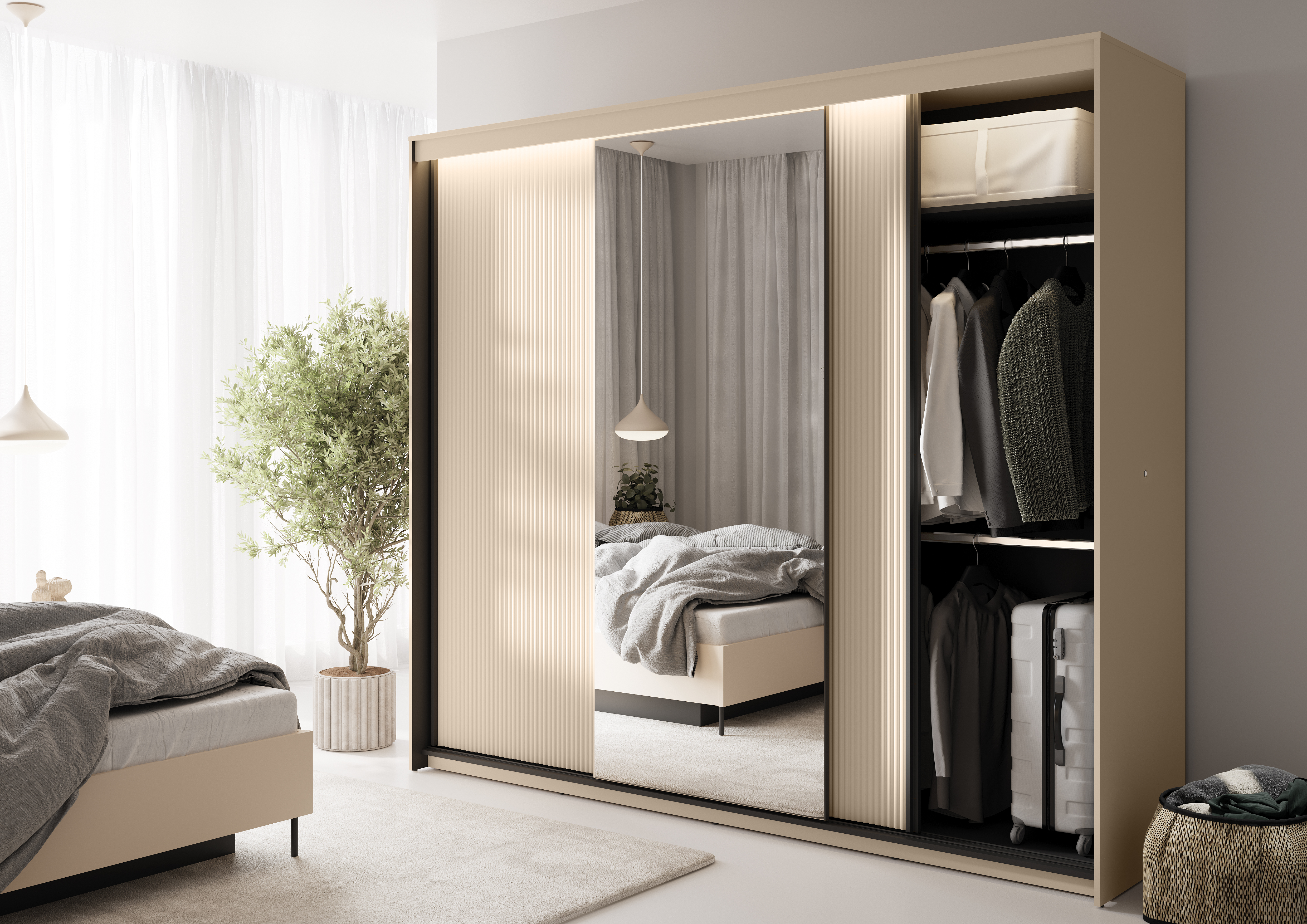Großer Schiebetürenschrank im modernen Schlafzimmer – TREND TS-02 mit LED und Spiegel